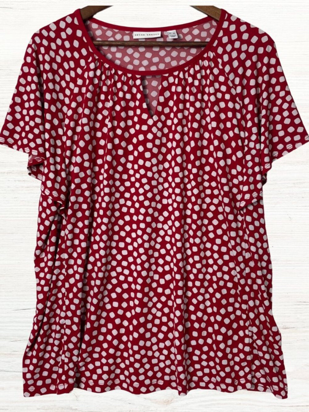 Susan Graver XL Red White Polka Dot Flutter Sleeve Stretch Knit Blouse